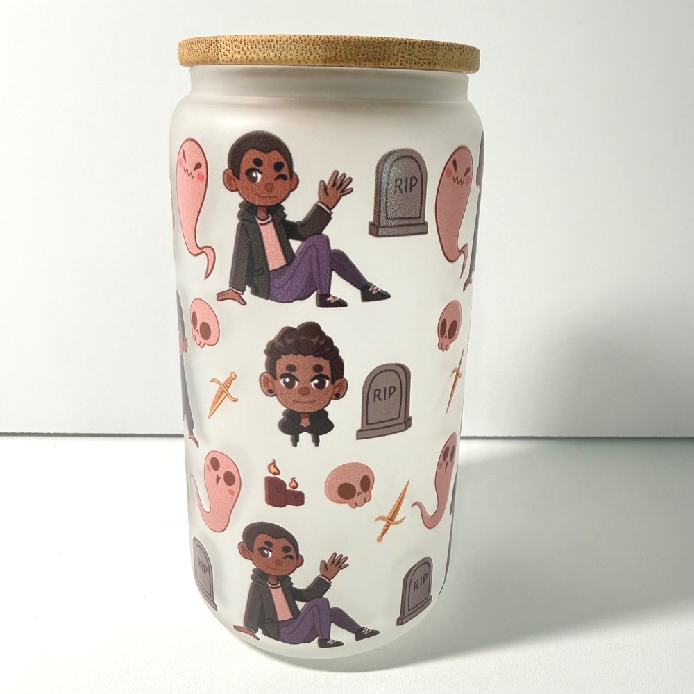 CEMETERY BOYS Aiden Thomas Spooky Bookish 16oz Frosted Glass Can Tumbler Lid NEW - Picture 2 of 7